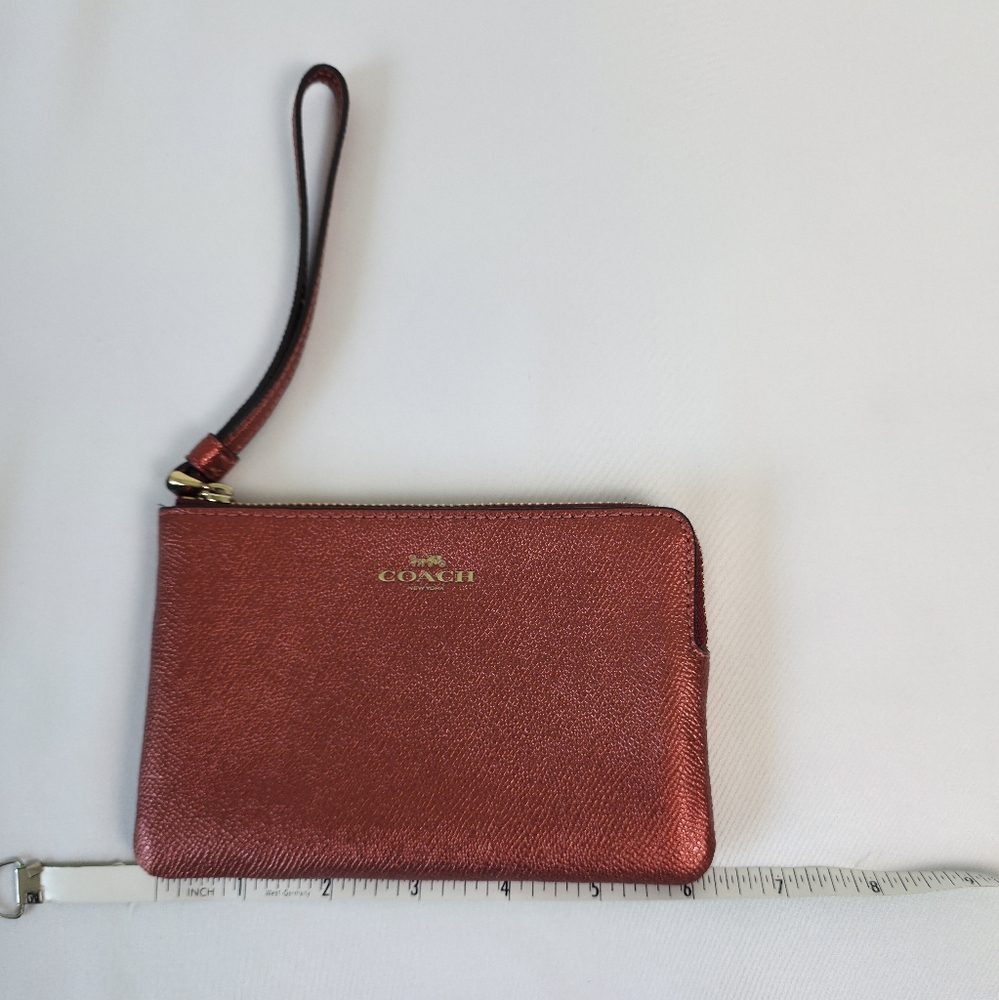Coach Leather Wristlet Corner Zip Metallic Red Cherry Maroon Rust Wallet Clutch - Picture 9 of 10